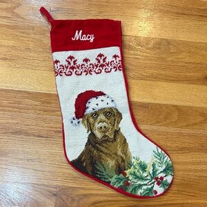 Red and White Christmas Stocking with Chocolate Lab Design